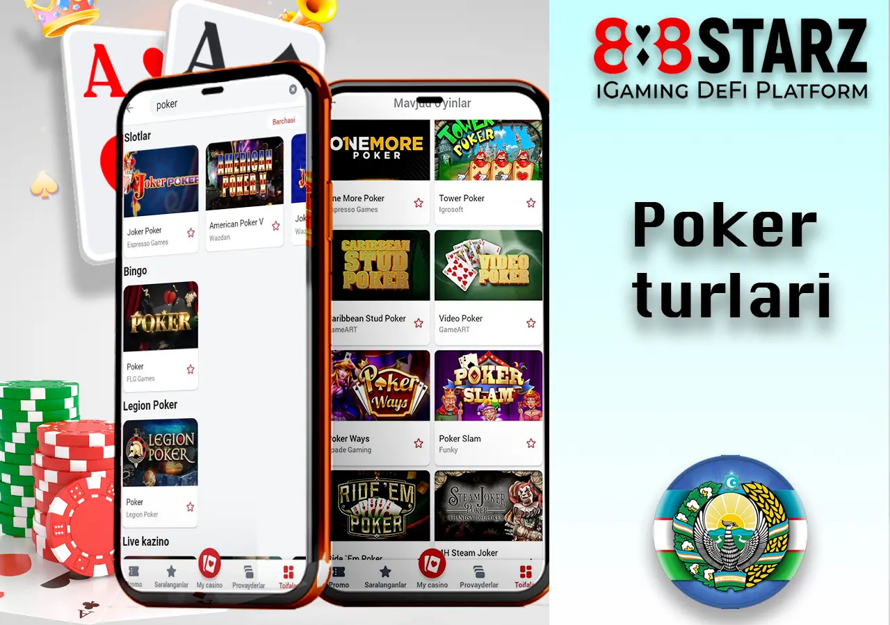 "888Starz xalqaro kompaniyasi o'yinchilarga 70+ provayderlardan stol va karta o'yinlarini taklif etadi. 888Starz mashhur yo'nalishlaridan biri — jonli dilerlar yoki kompyuterga qarshi poker. " "888 BK'da siz haqiqiy pulga o'nlab poker turlarini o'ynashingiz va foydali bonusli aksiyalarda ishtirok etishingiz mumkin. Hoziroq poker o'ynashni boshlang va 1500 evrogacha bo'lgan dastlabki 4 ta depozitingiz uchun bonusga ega bo'ling!"